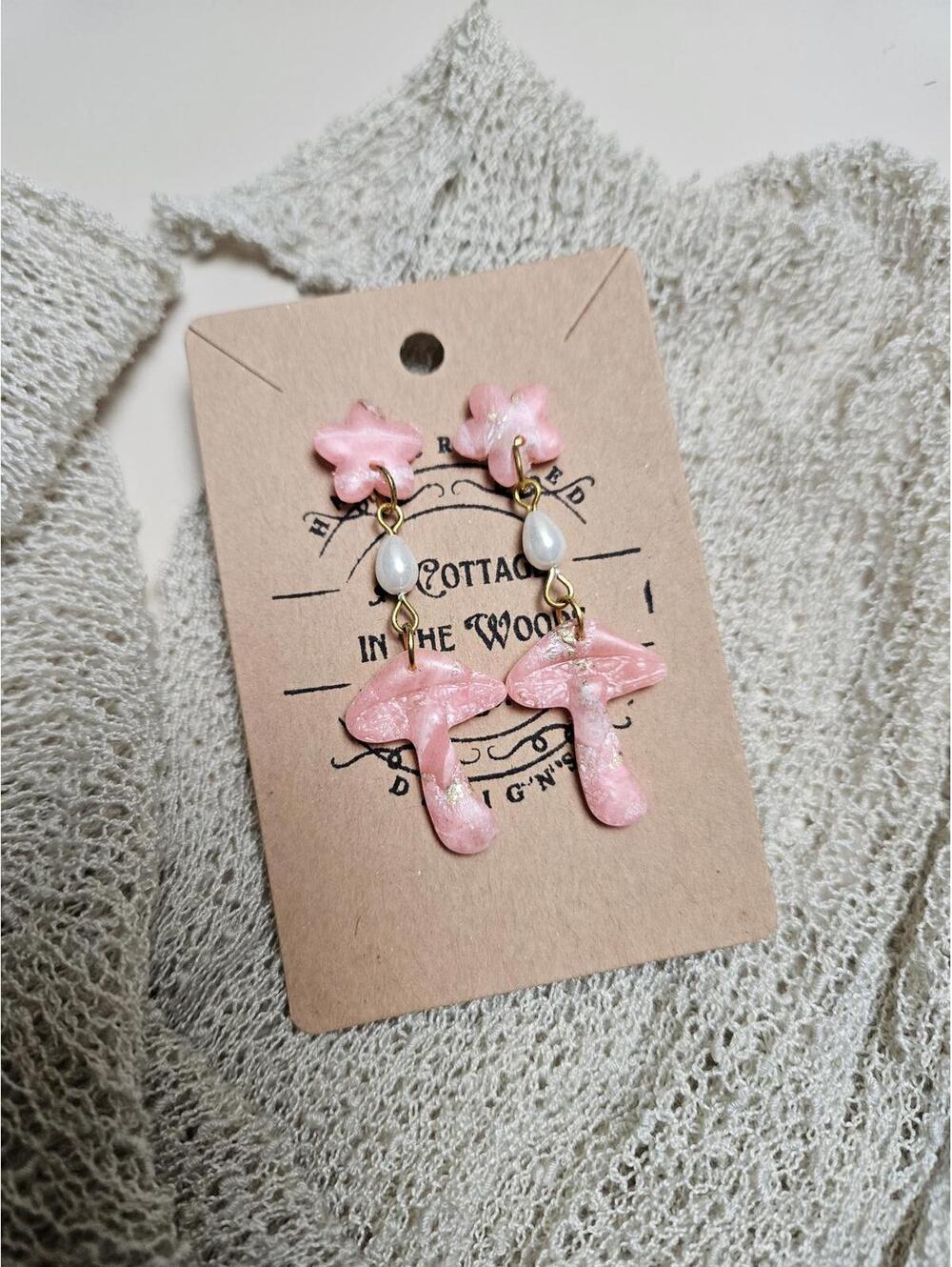 Handmade Polymer Clay Pink Mushroom and Flower Dangle Earrings with Pearl Accent